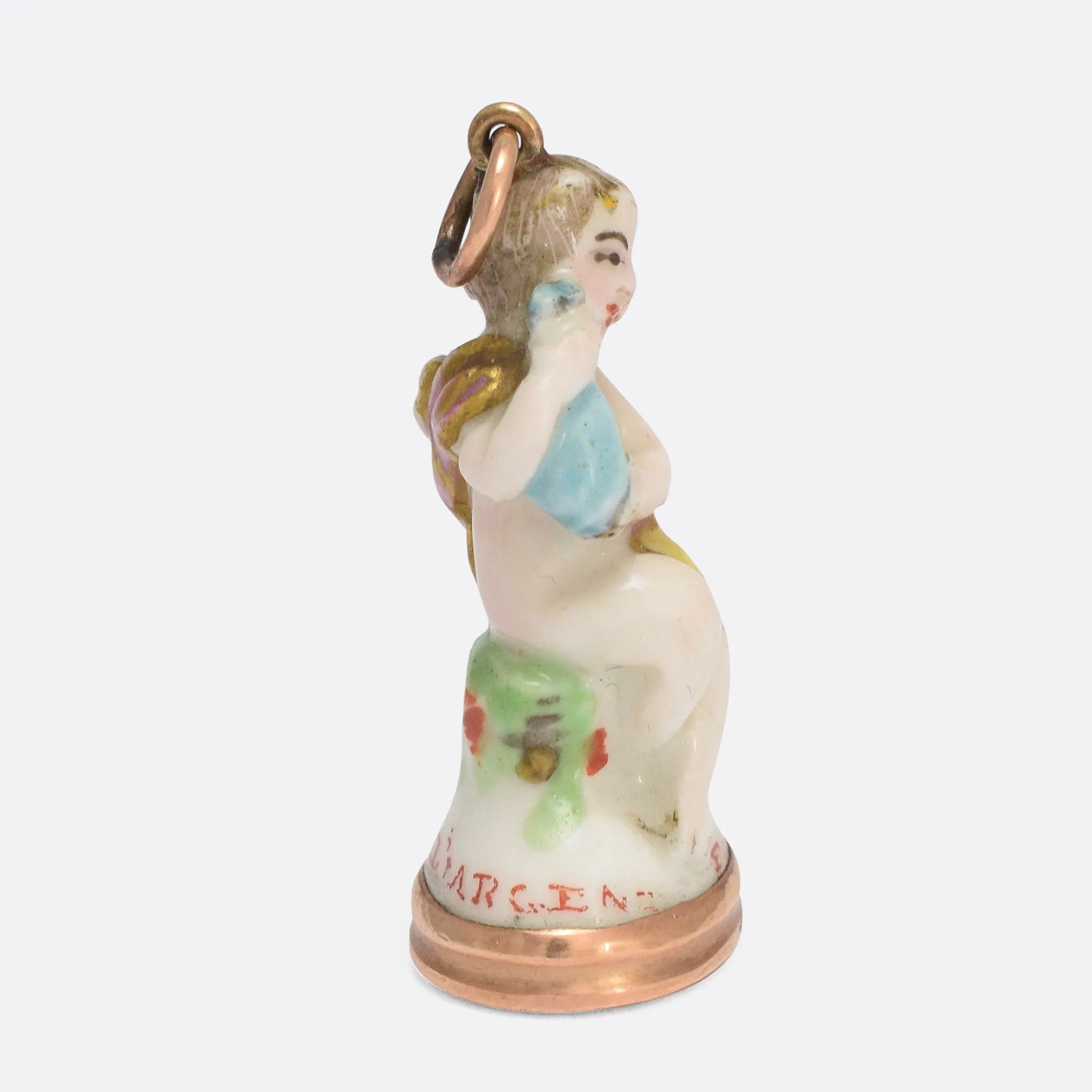 18th Century Derby Chelsea "Cupid Holding a Bottle" Porcelain Fob Seal