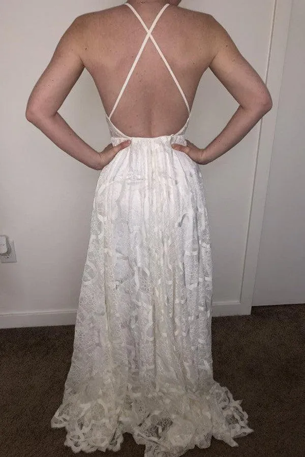 A-Line Halter Backless Sweep Train White Lace Wedding Dress with Pleats TN235