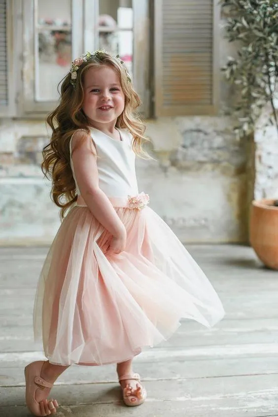 A Line Sleeveless  Round Neck Sleeveless Tulle Flower Girl Dresses OHR039