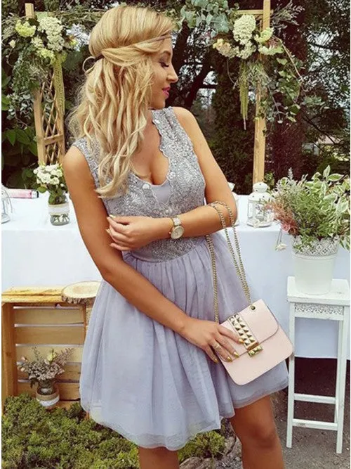 A-Line V-Neck Short Lavender Homecoming Dress with Lace Party Dress OHM190