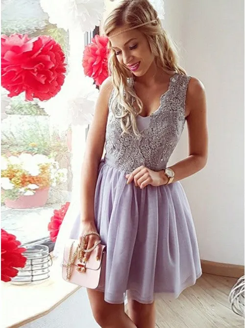 A-Line V-Neck Short Lavender Homecoming Dress with Lace Party Dress OHM190