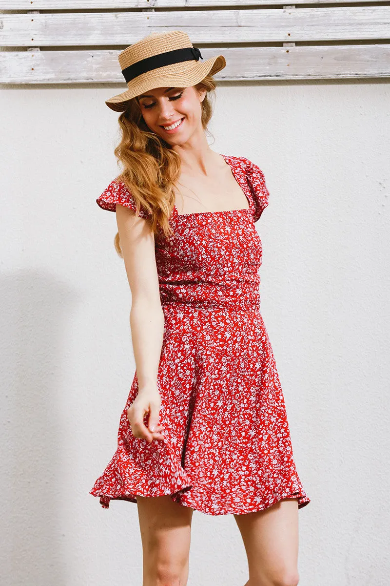 Backless Floral Print Summer dress Vintage red boho beach dress high waist