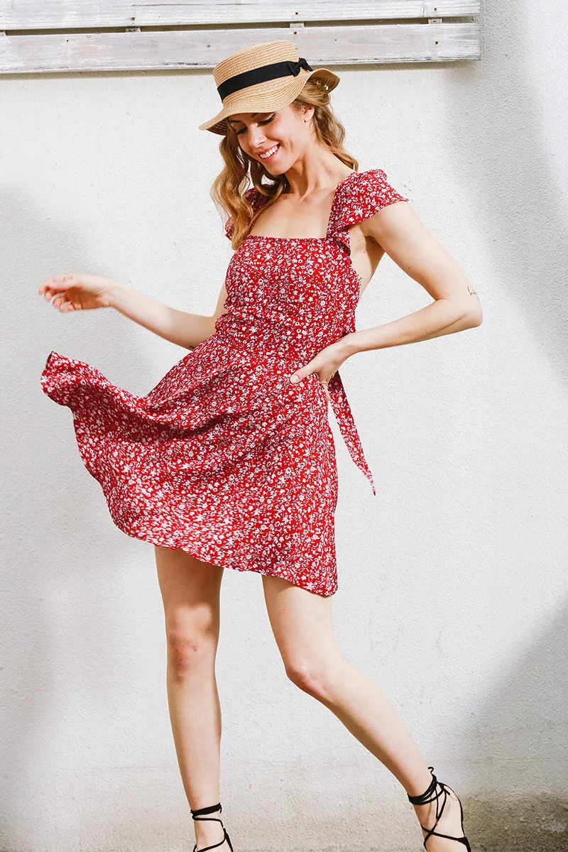 Backless Floral Print Summer dress Vintage red boho beach dress high waist