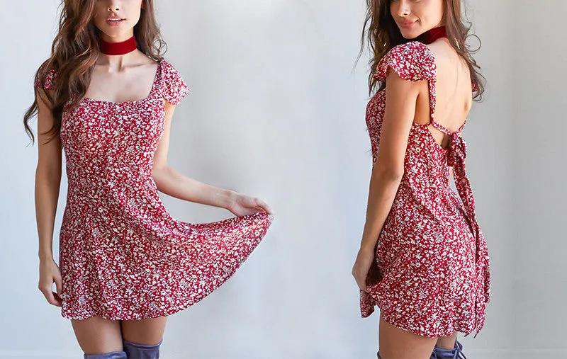 Backless Floral Print Summer dress Vintage red boho beach dress high waist