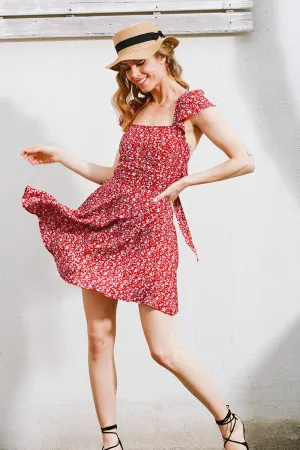 Backless Floral Print Summer dress Vintage red boho beach dress high waist
