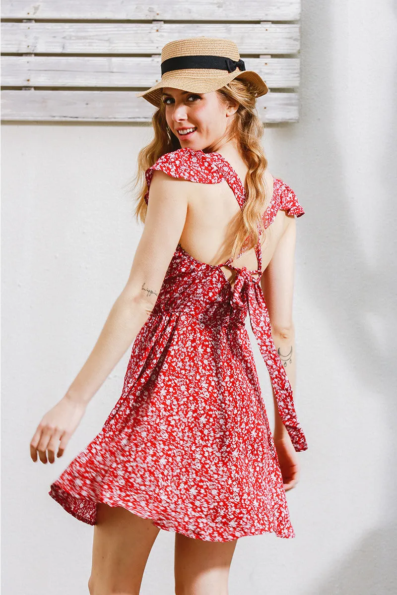 Backless Floral Print Summer dress Vintage red boho beach dress high waist