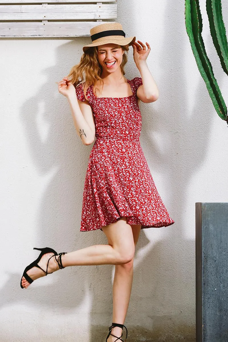 Backless Floral Print Summer dress Vintage red boho beach dress high waist