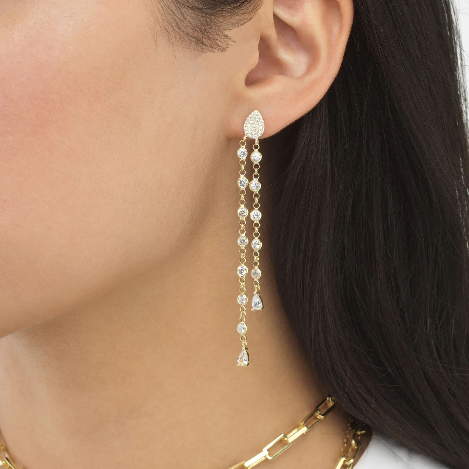Bezel Chain Drop Stud Earring
