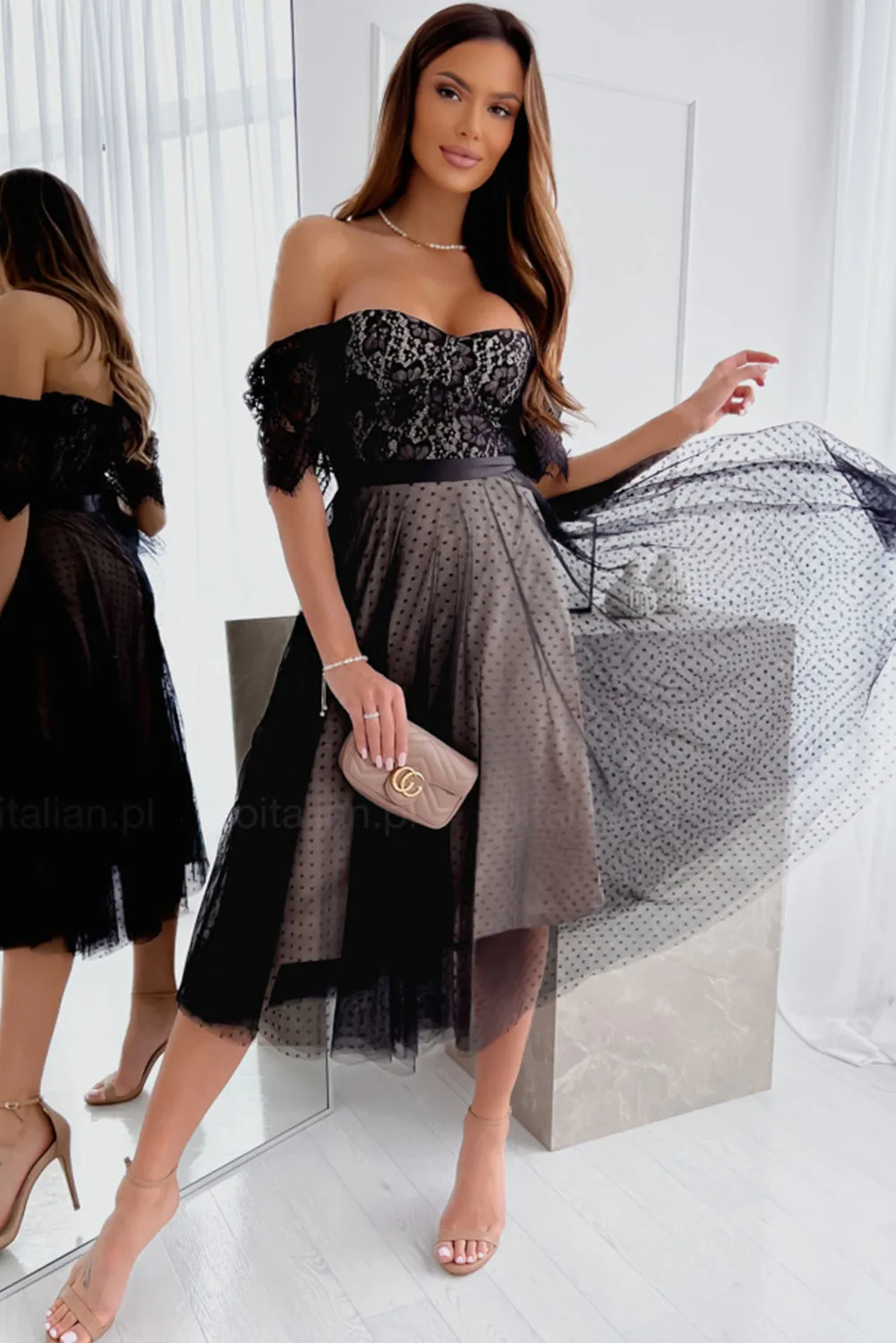 Black Dotted Lace Mesh Off Shoulder Dress