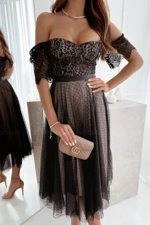 Black Dotted Lace Mesh Off Shoulder Dress