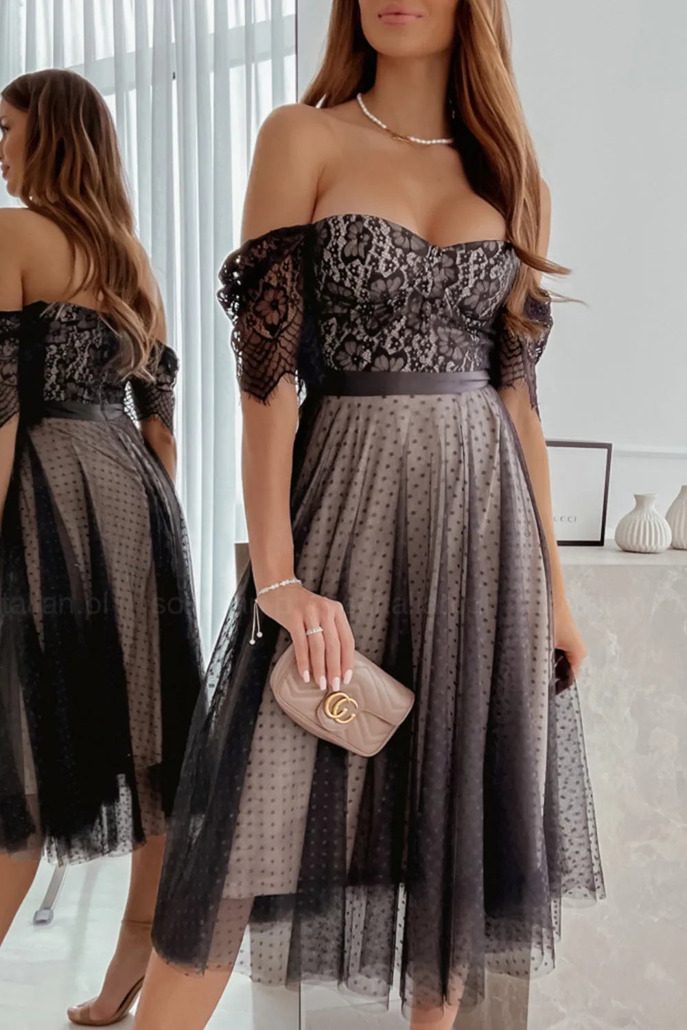 Black Dotted Lace Mesh Off Shoulder Dress