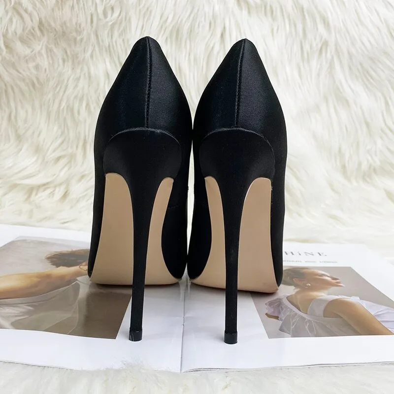 Black satin bow pointed 12 cm heel peep-toe heels  pumps