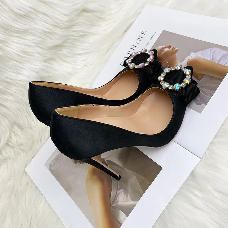 Black satin bow pointed 12 cm heel peep-toe heels  pumps