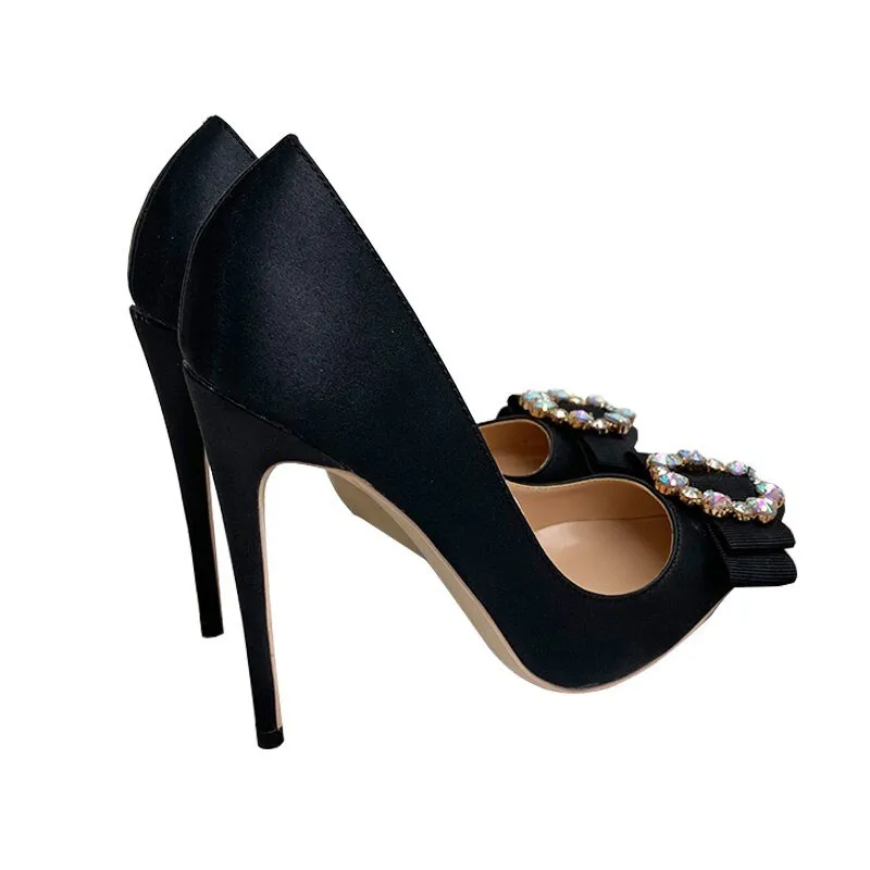 Black satin bow pointed 12 cm heel peep-toe heels  pumps