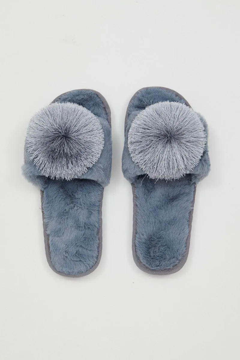 Blue Plush Pom Pom Detail Mule Slippers