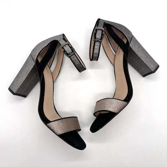 BOTKIER Heels Womens 7 Black Suede Silver Glitter Gianna Ankle Strap Sandal