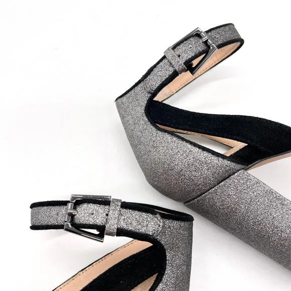 BOTKIER Heels Womens 7 Black Suede Silver Glitter Gianna Ankle Strap Sandal