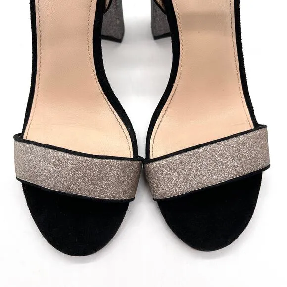 BOTKIER Heels Womens 7 Black Suede Silver Glitter Gianna Ankle Strap Sandal