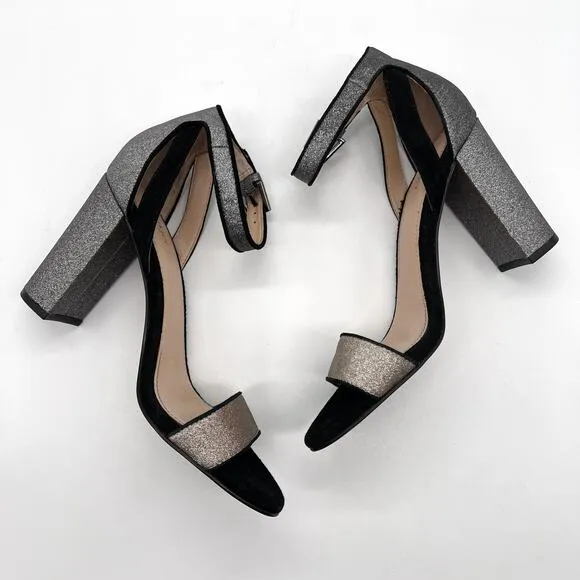 BOTKIER Heels Womens 7 Black Suede Silver Glitter Gianna Ankle Strap Sandal