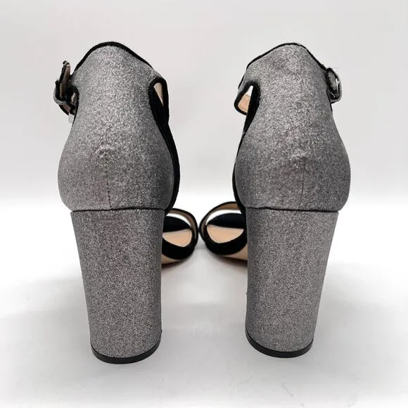 BOTKIER Heels Womens 7 Black Suede Silver Glitter Gianna Ankle Strap Sandal