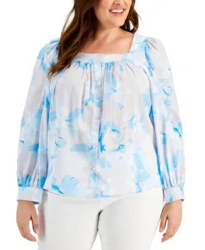Calvin Klein Womens Plus Cotton Square Neck Button-Down Top W2EAP597