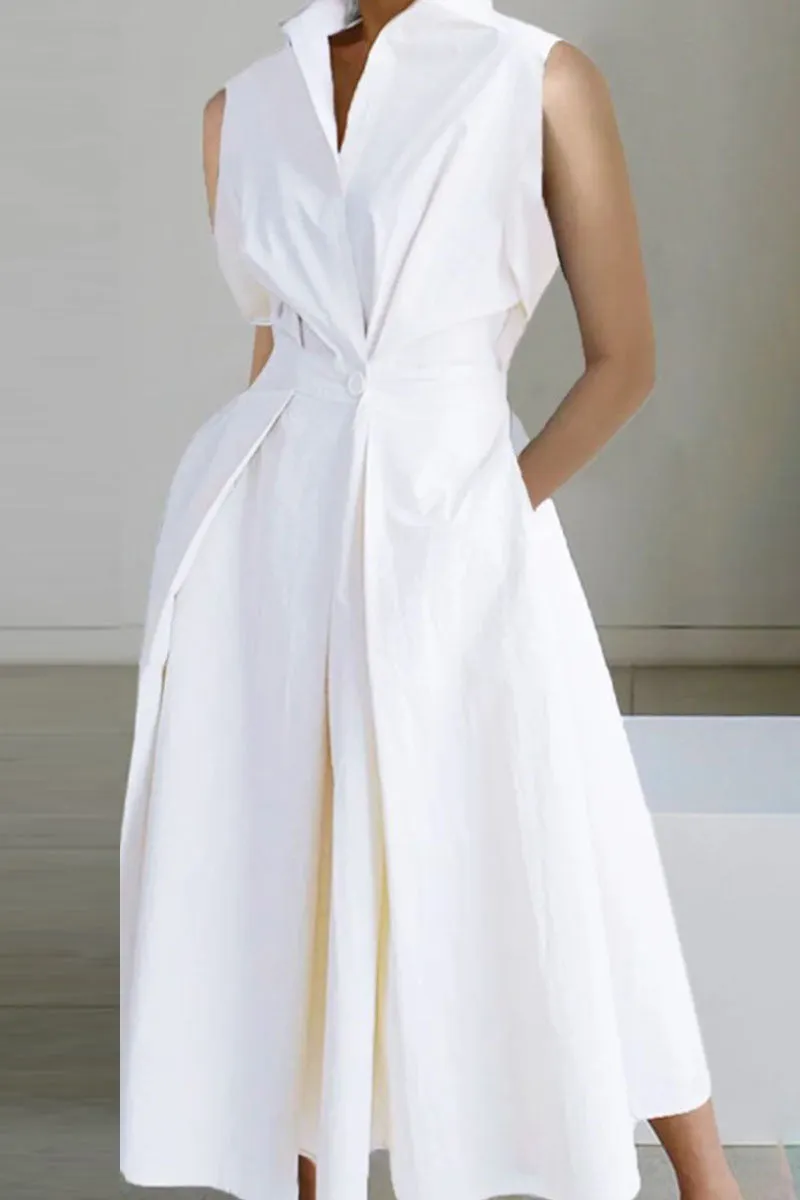 Casual Print Patchwork Buttons Fold Mandarin Collar A Line Dresses(8 Colors)