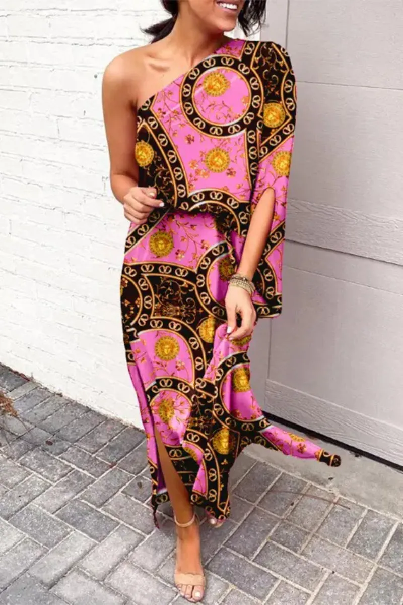 Casual Vacation Print Patchwork Oblique Collar Irregular Dress Dresses(17 Colors)