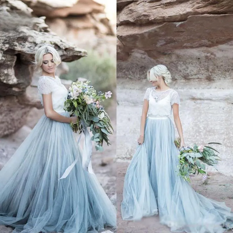 Charming Top Ivory and Blue Lace Short Sleeves A-line Prom Dress, PD0452