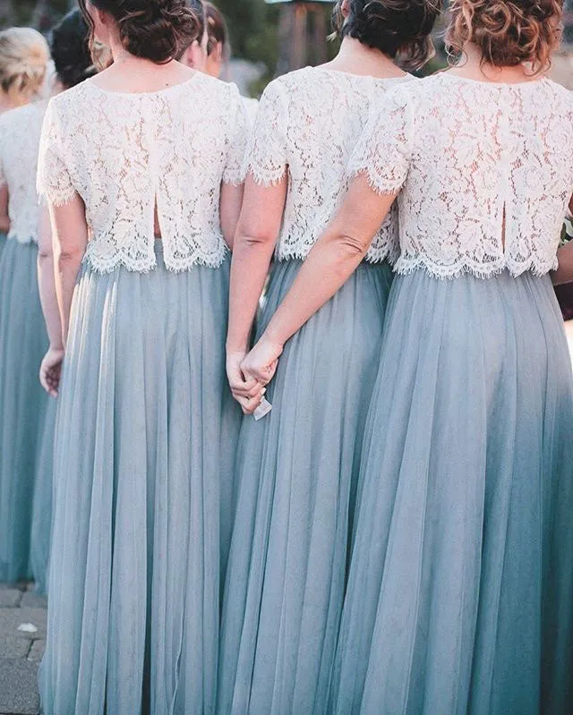 Charming Top Ivory and Blue Lace Short Sleeves A-line Prom Dress, PD0452