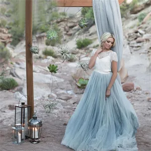 Charming Top Ivory and Blue Lace Short Sleeves A-line Prom Dress, PD0452