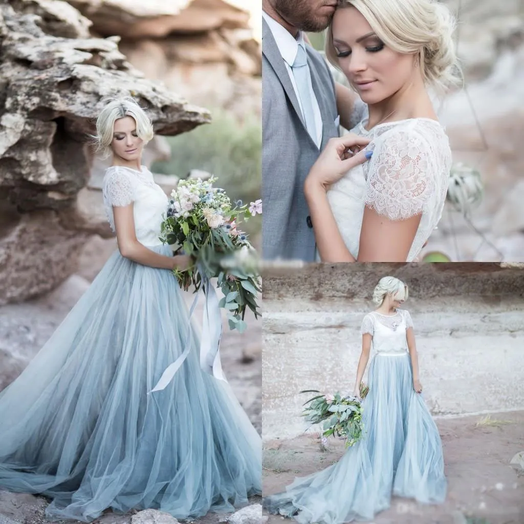 Charming Top Ivory and Blue Lace Short Sleeves A-line Prom Dress, PD0452