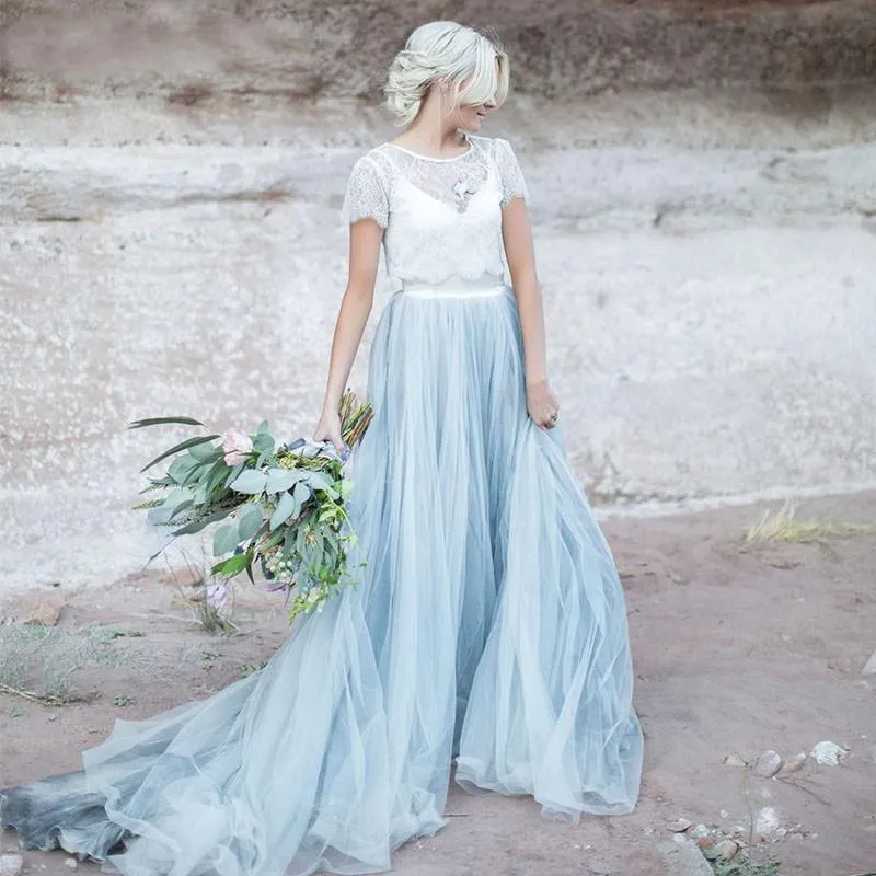 Charming Top Ivory and Blue Lace Short Sleeves A-line Prom Dress, PD0452