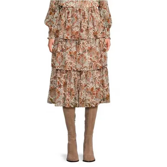 Chelsea &amp; Violet skirt Baroque paisley print A-Line Tiered Ruffled skirt size XS