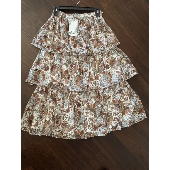 Chelsea &amp; Violet skirt Baroque paisley print A-Line Tiered Ruffled skirt size XS
