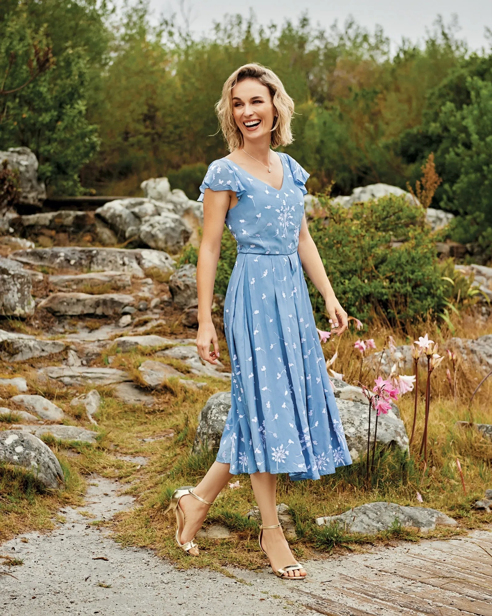 Chelsea Embroidered V-Neck Tea-Length Dress
