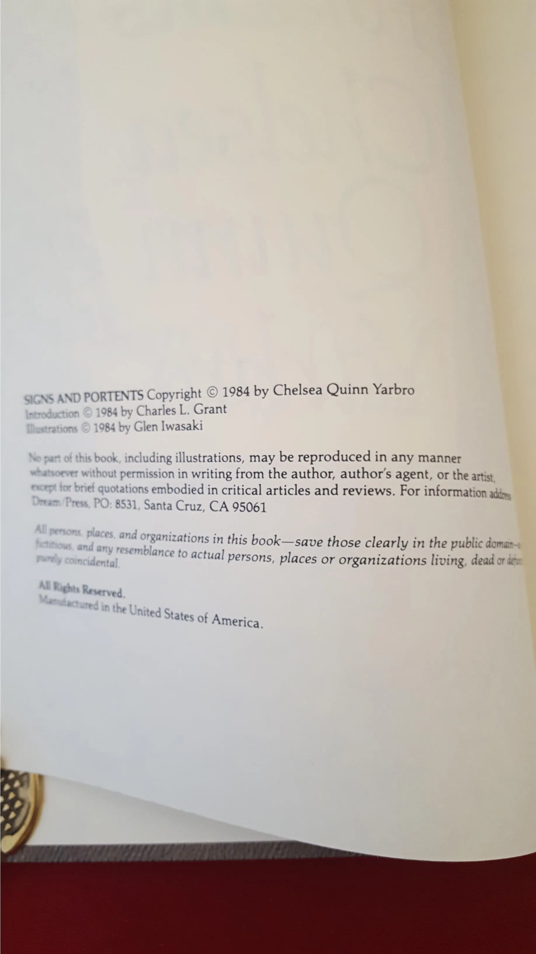 Chelsea Quinn Yarbro -Signs & Portents, Dream, Prevue Edition, 1984, 1st Edition, 200 Copies