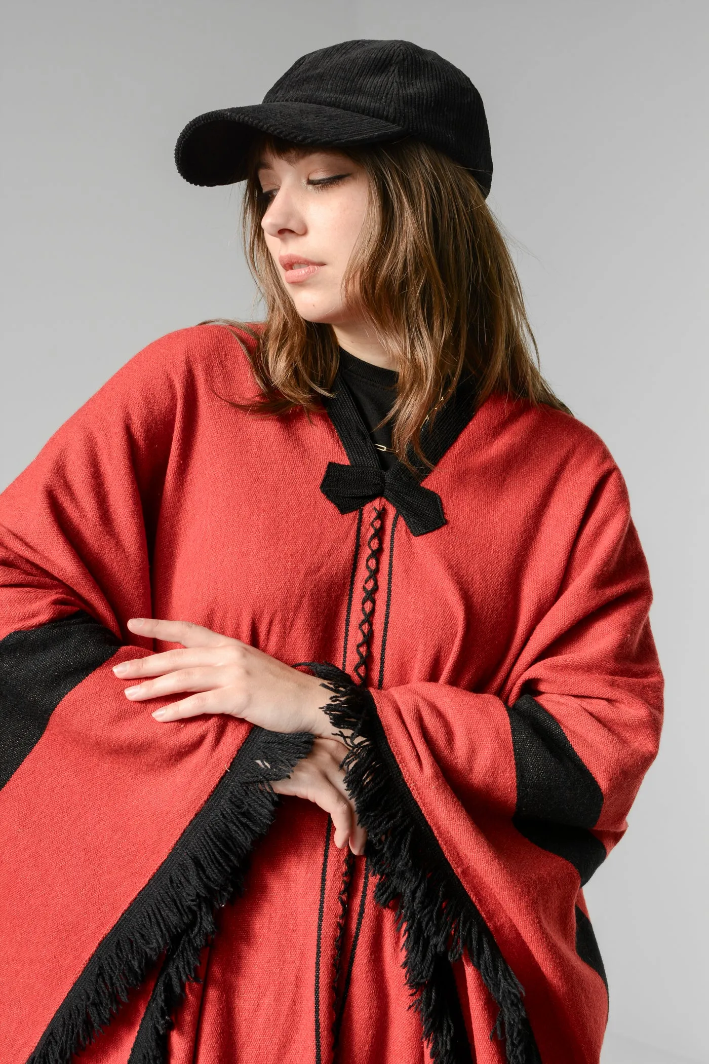 Cherry Wool Trompe L'oile Bow Fringe Poncho