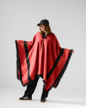 Cherry Wool Trompe L'oile Bow Fringe Poncho