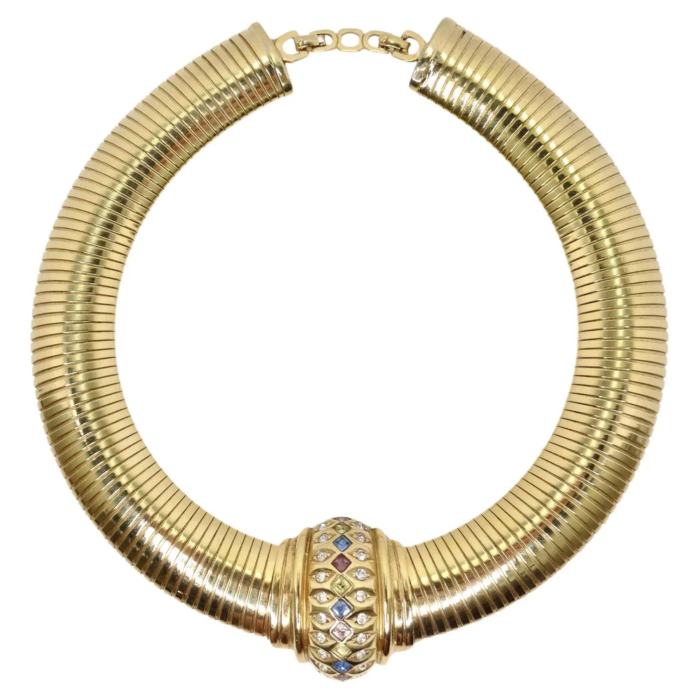 Christian Dior 1980s Gold Tone Omega Rhinestone Choker