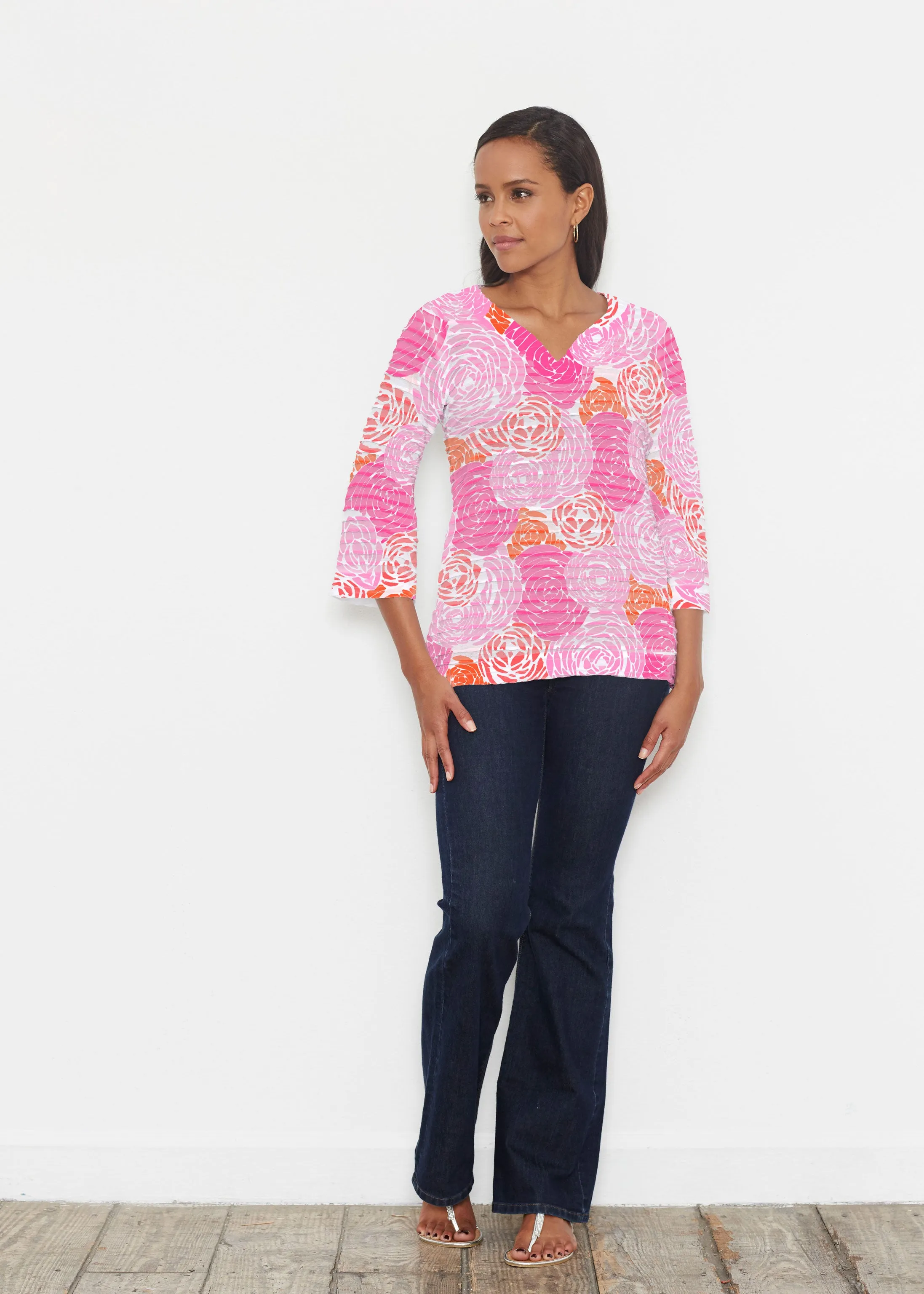 Chrysanthemum Pink (4074) ~ Banded 3/4 Bell-Sleeve V-Neck Tunic