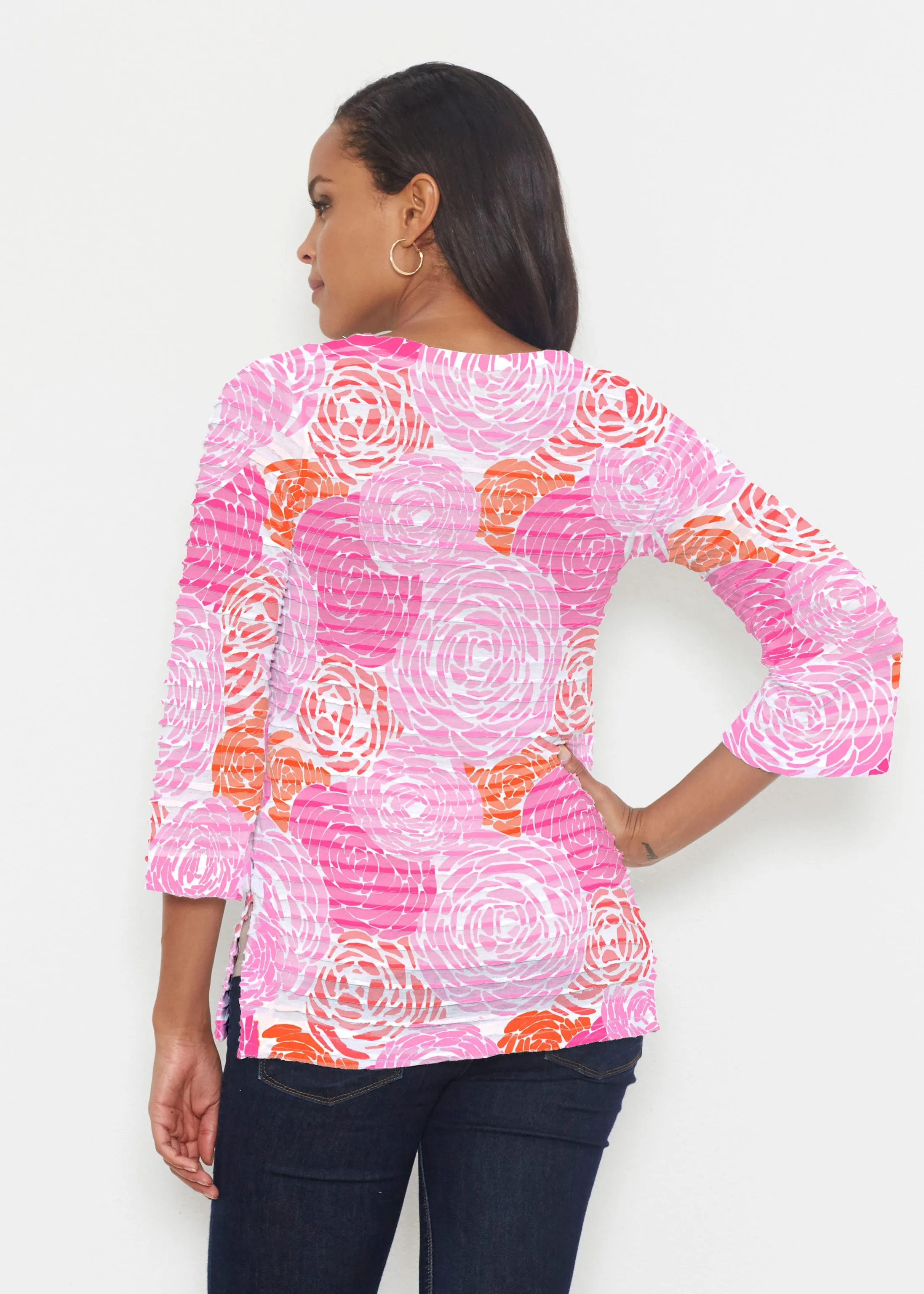 Chrysanthemum Pink (4074) ~ Banded 3/4 Bell-Sleeve V-Neck Tunic