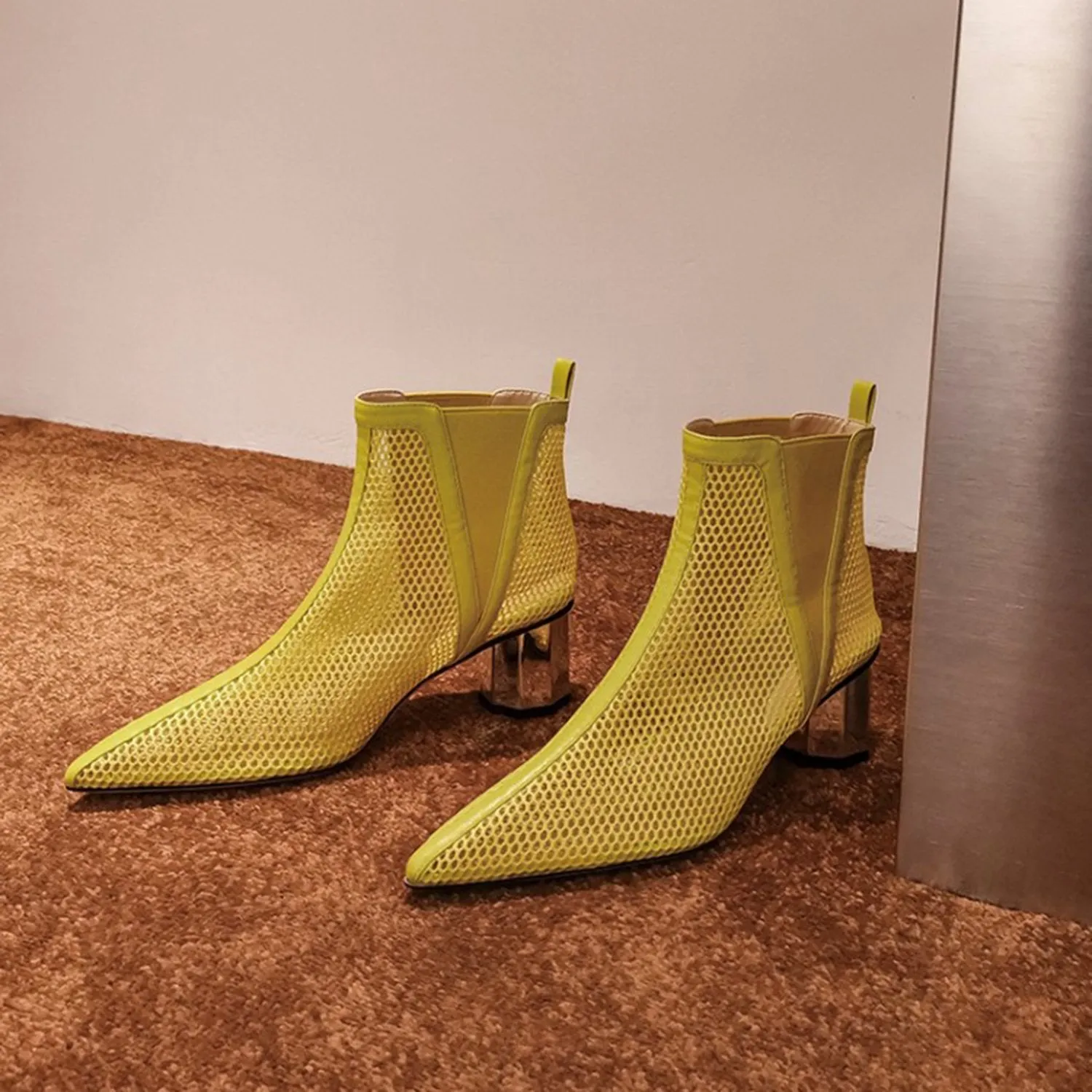 (Clean Up - US 6.5) Pointed Hollow Mesh Thick Heels Boots