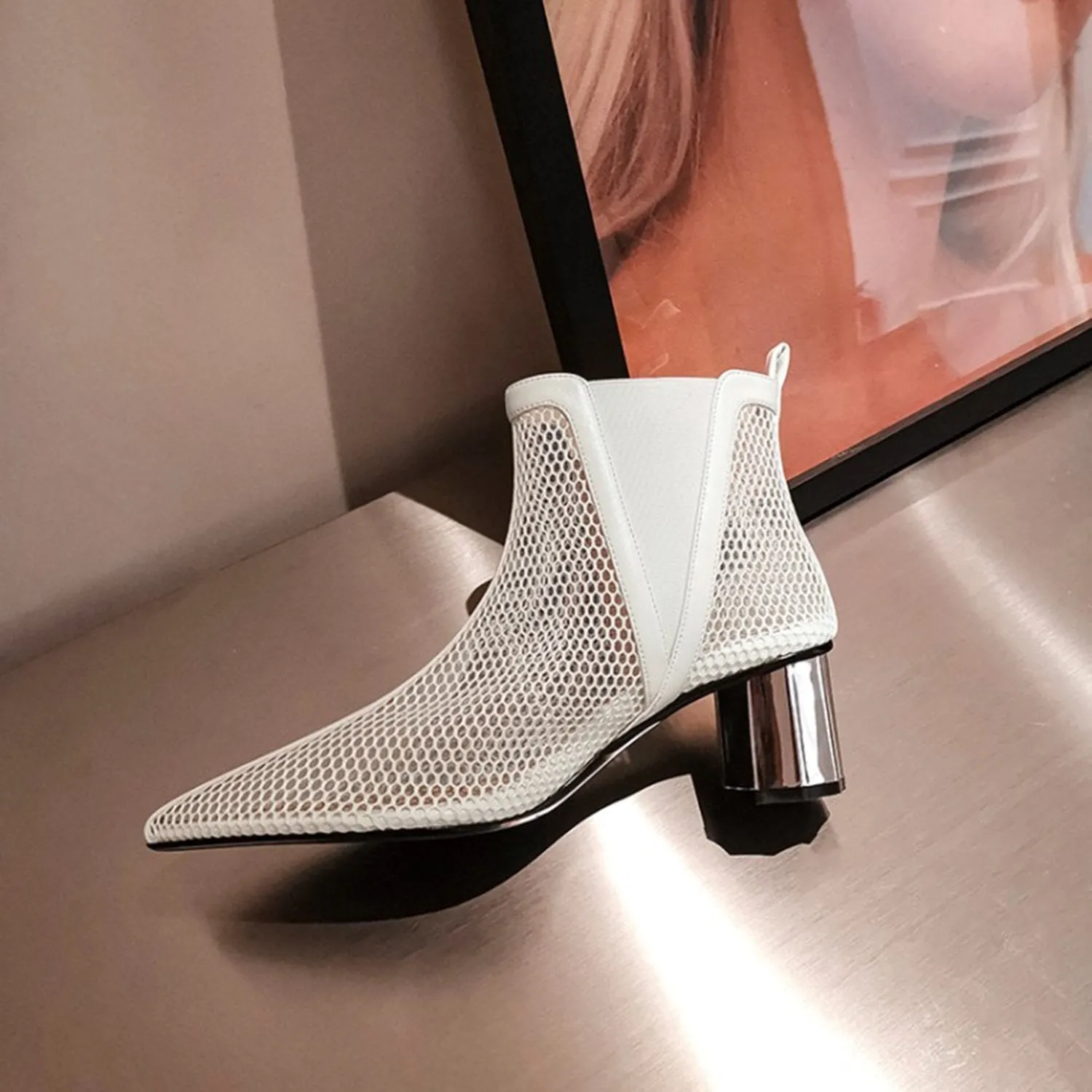 (Clean Up - US 6.5) Pointed Hollow Mesh Thick Heels Boots