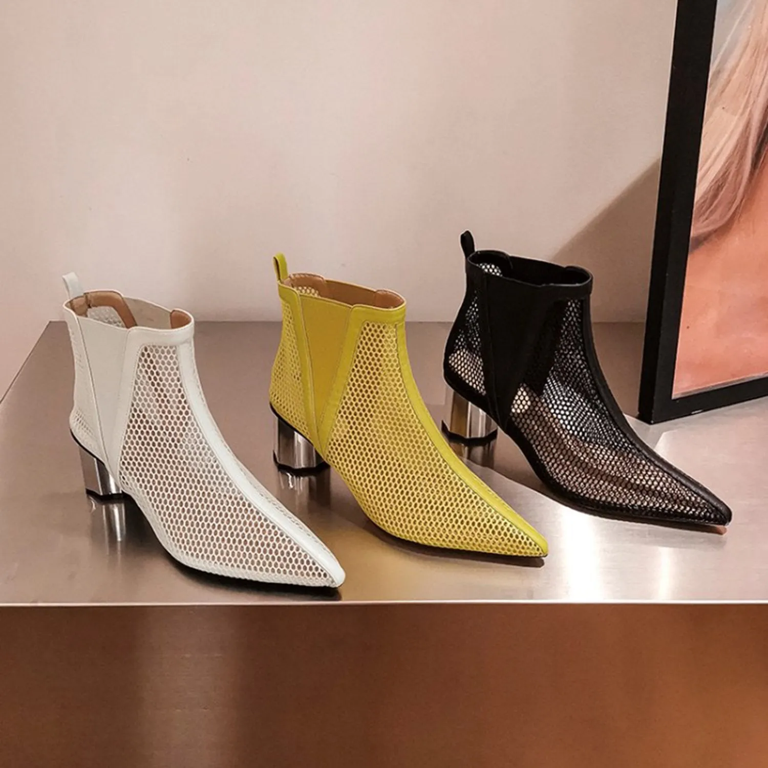 (Clean Up - US 6.5) Pointed Hollow Mesh Thick Heels Boots