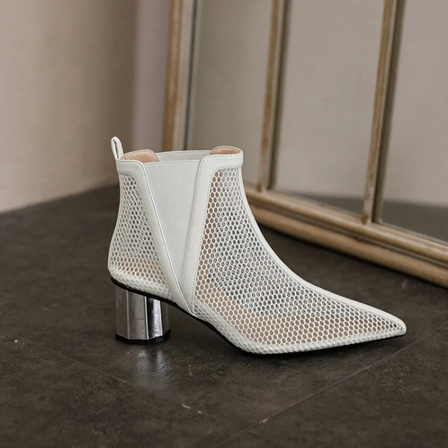 (Clean Up - US 6.5) Pointed Hollow Mesh Thick Heels Boots