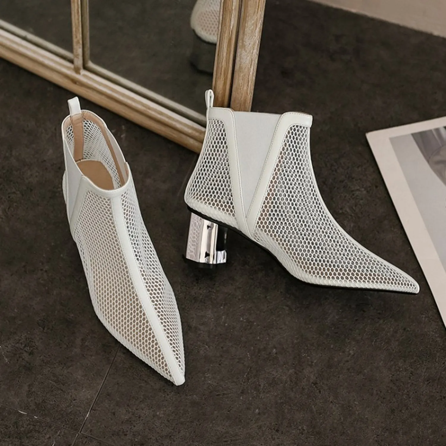 (Clean Up - US 6.5) Pointed Hollow Mesh Thick Heels Boots