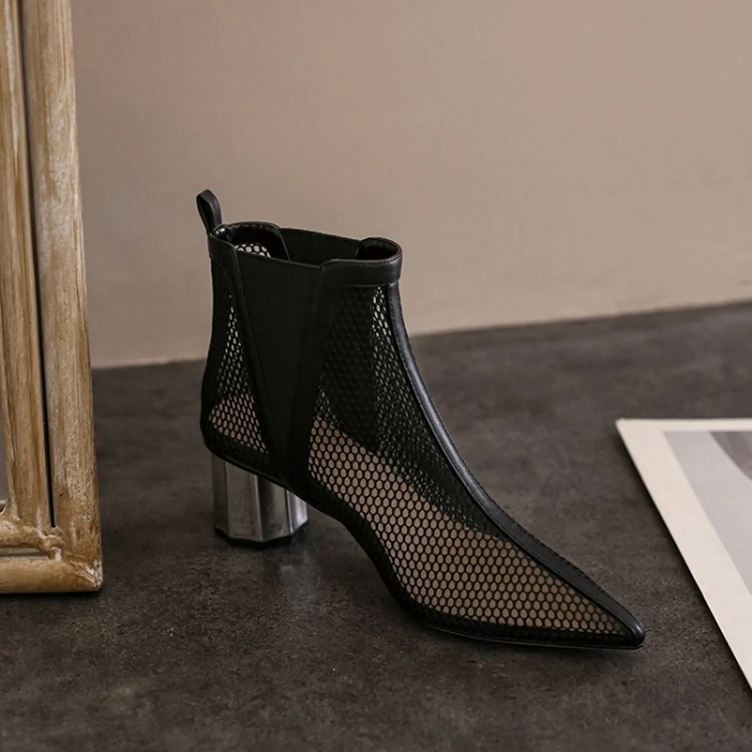 (Clean Up - US 6.5) Pointed Hollow Mesh Thick Heels Boots