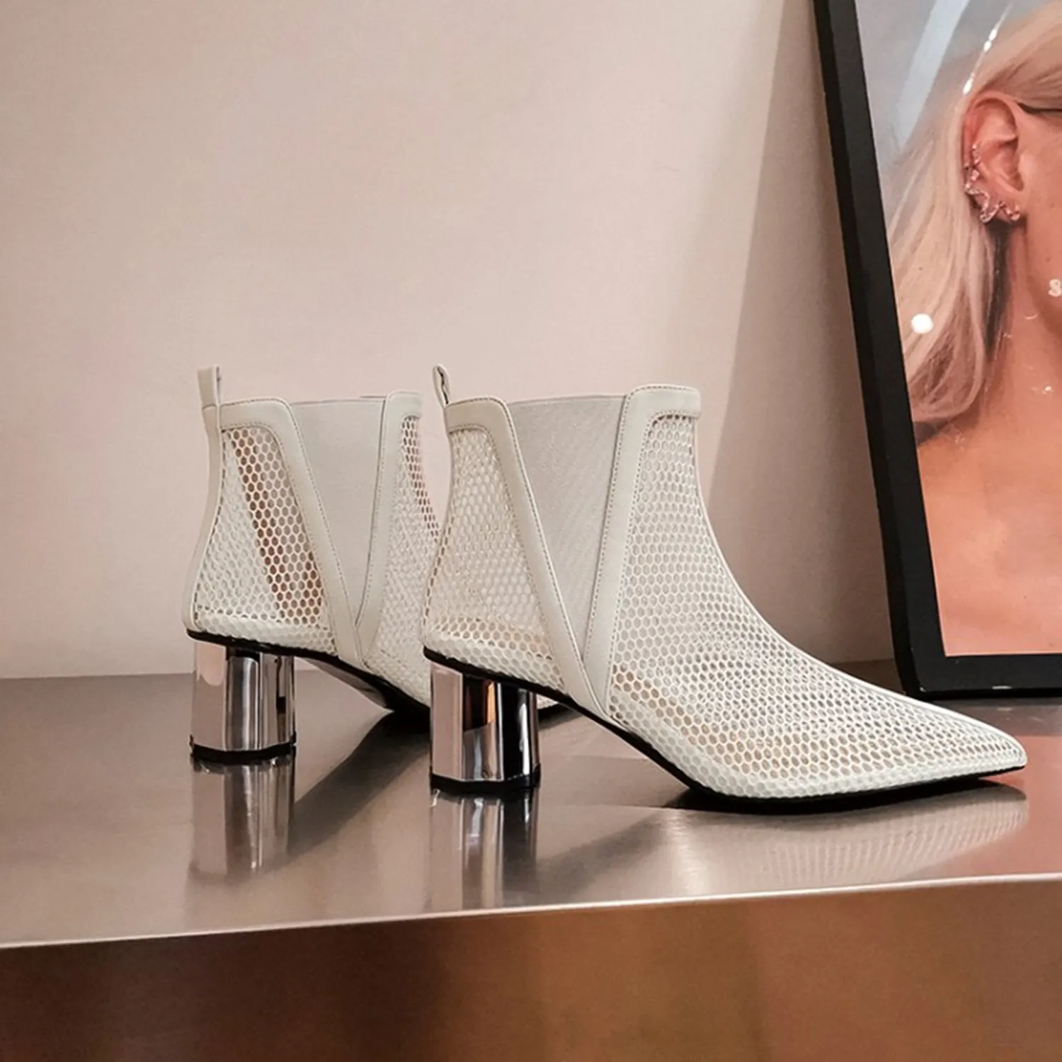 (Clean Up - US 6.5) Pointed Hollow Mesh Thick Heels Boots