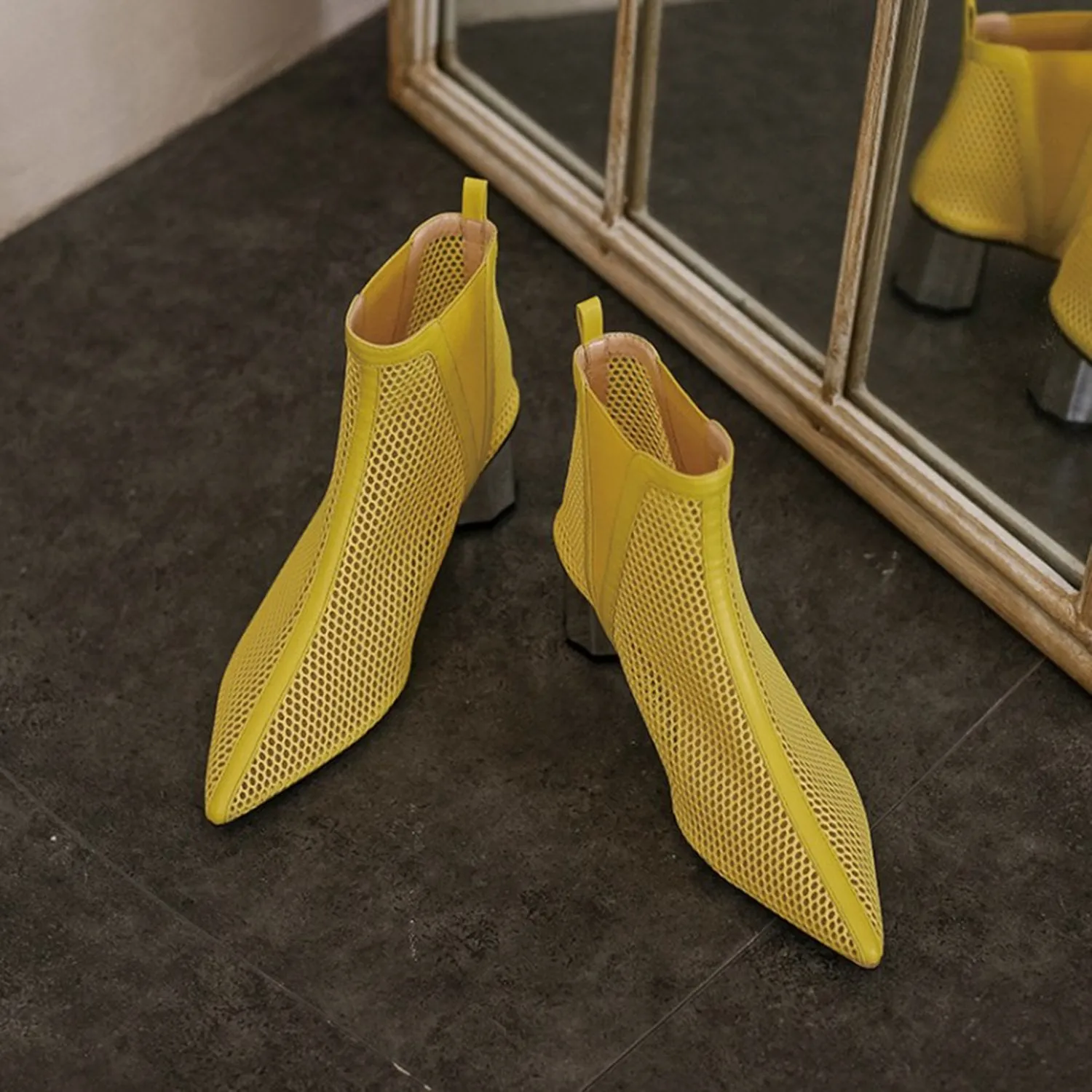 (Clean Up - US 6.5) Pointed Hollow Mesh Thick Heels Boots