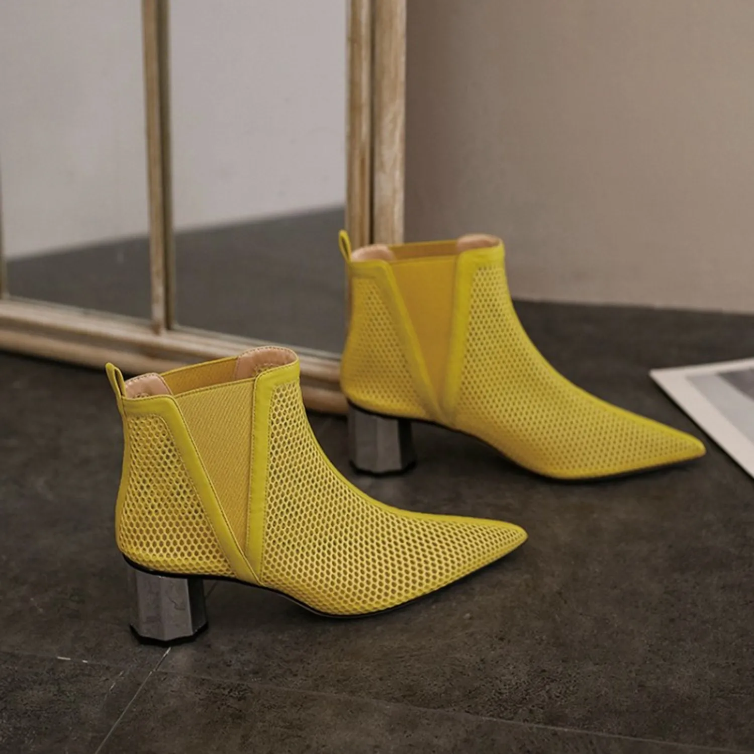 (Clean Up - US 6.5) Pointed Hollow Mesh Thick Heels Boots